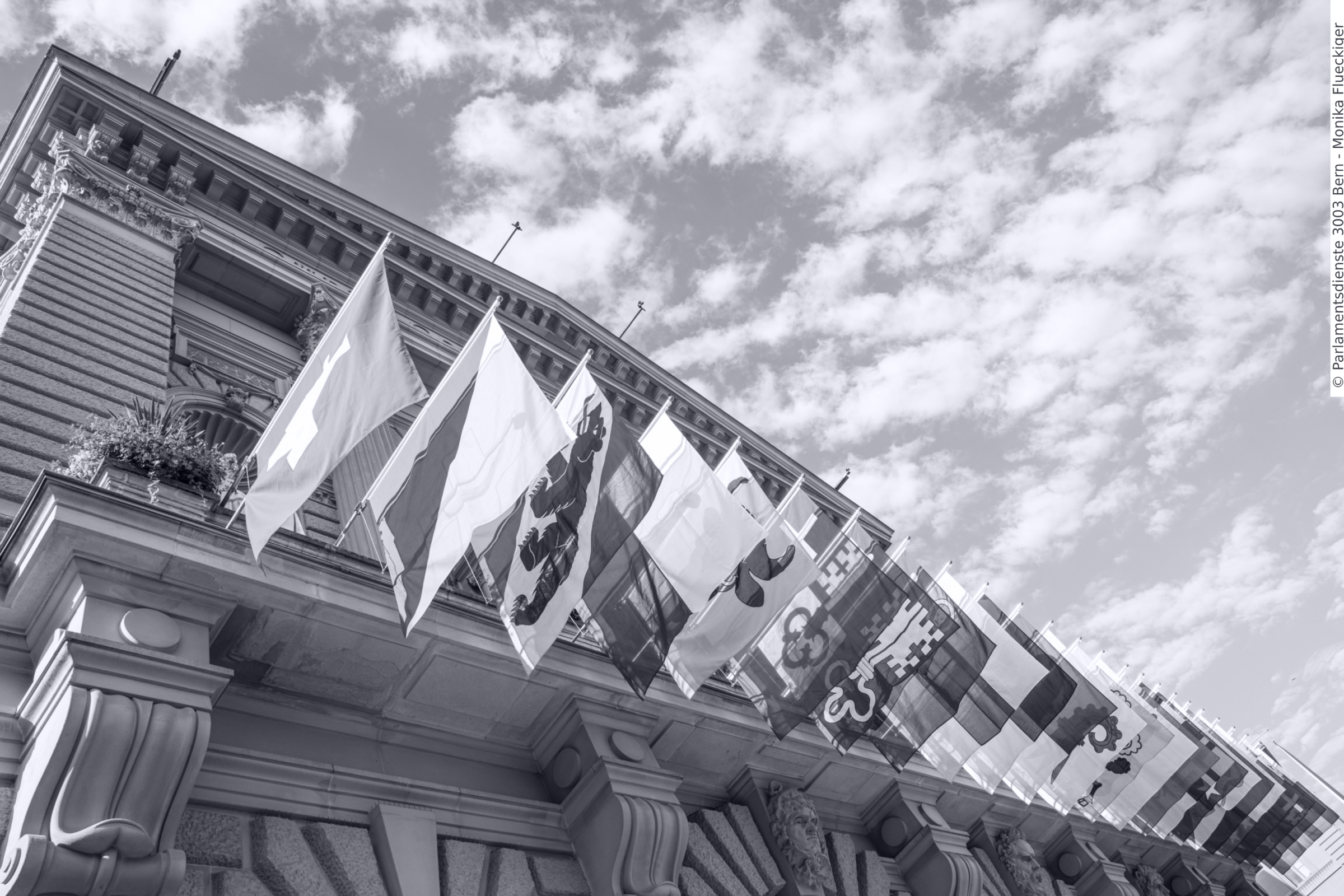 Flags of all the Swiss cantons hang in front of a building on a sunny day.